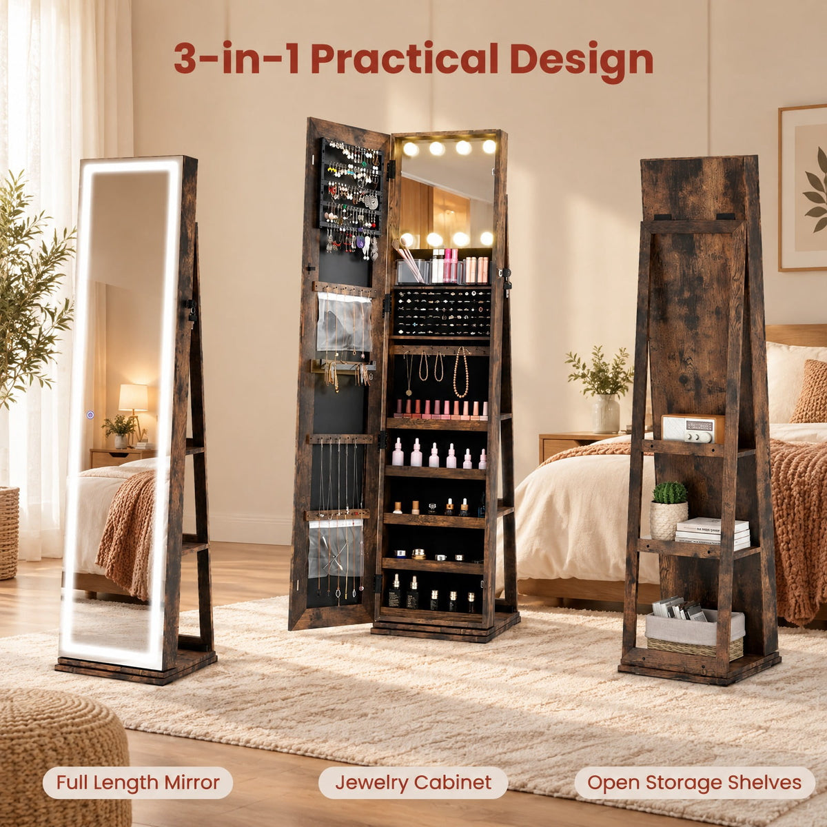 Airfind 360° Swivel Freestanding Jewelry Cabinet with Lighted Full Length Mirror, MDF Frame, Brown, Open storage shelves for easy reach