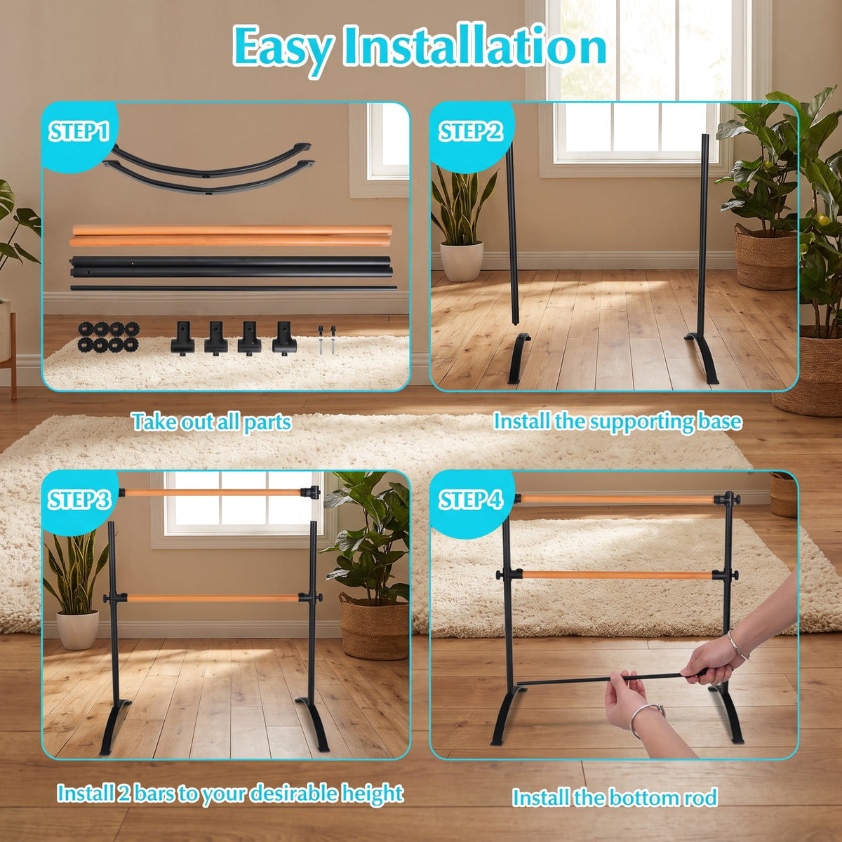 Airfind 4 Foot Freestanding Double Ballet Barre with Beech Wood Rails and 4 Level Height Adjustment for Studio and Home, Black