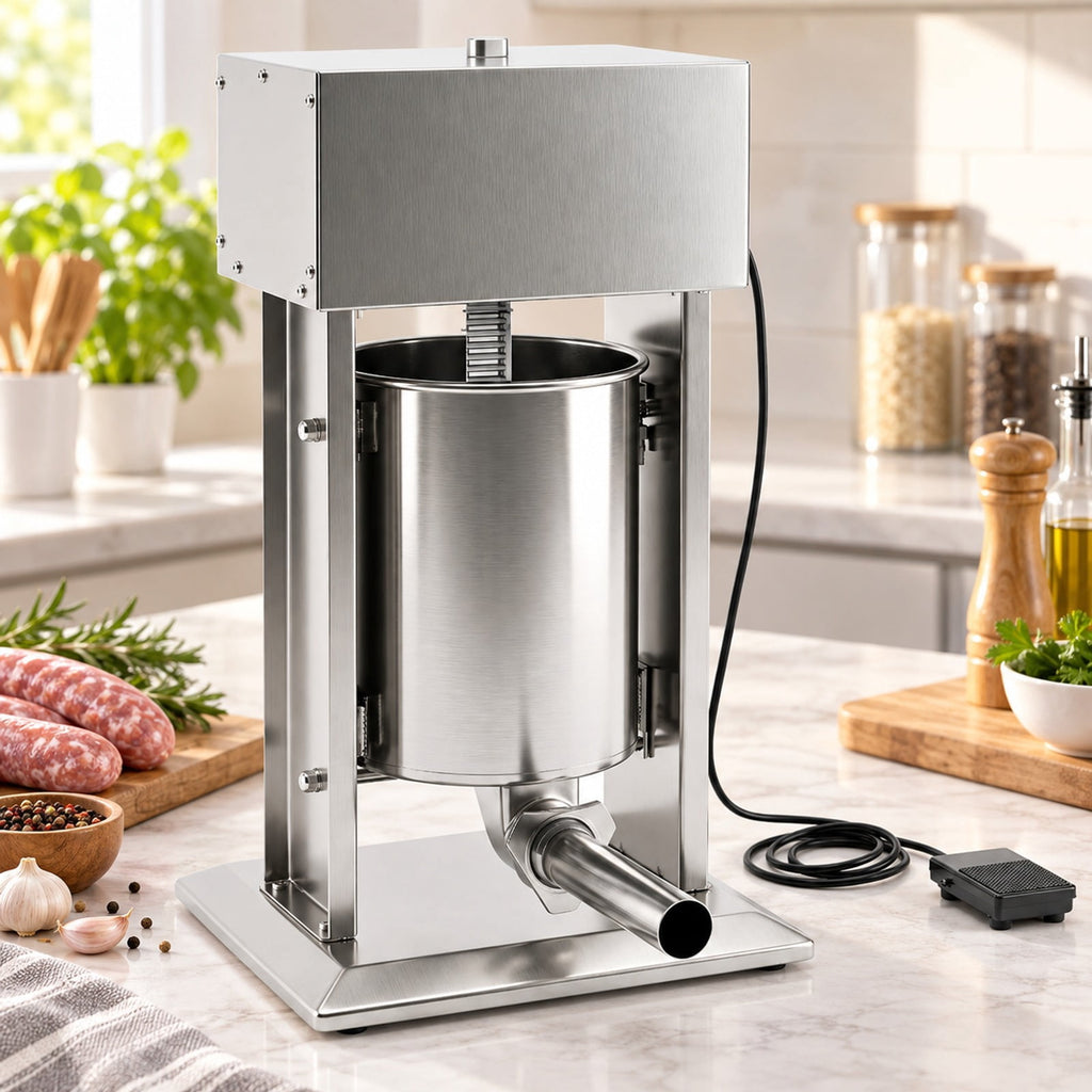 Airfind 10L Electric Sausage Stuffer with 4 Stuffing Tubes Foot Pedal and Stepless Speed Control, Stainless Steel Frame, Silver