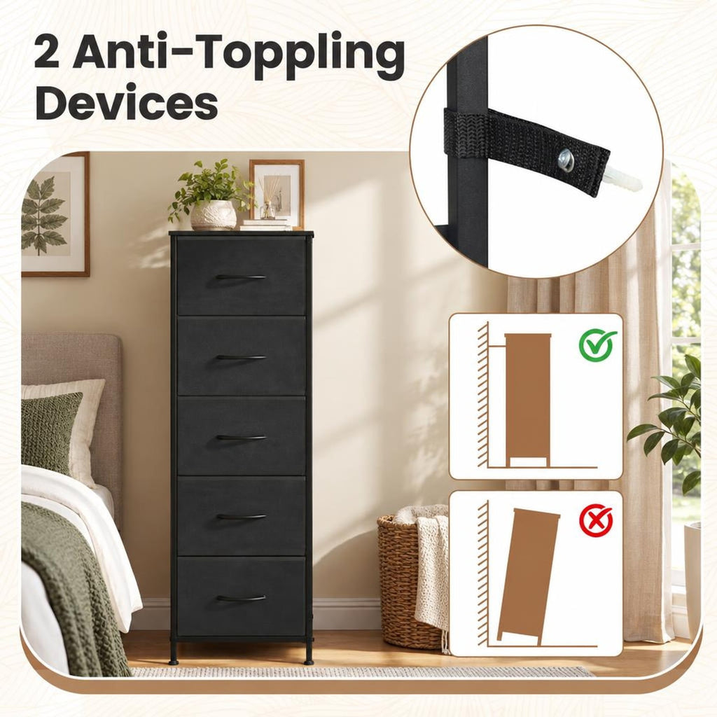 Airfind Dresser Nightstand with 5 Roomy Fabric Drawers for Bedroom, 130 lbs Capacity, Metal Engineered Wood Non-Woven Fabric Frame, Black