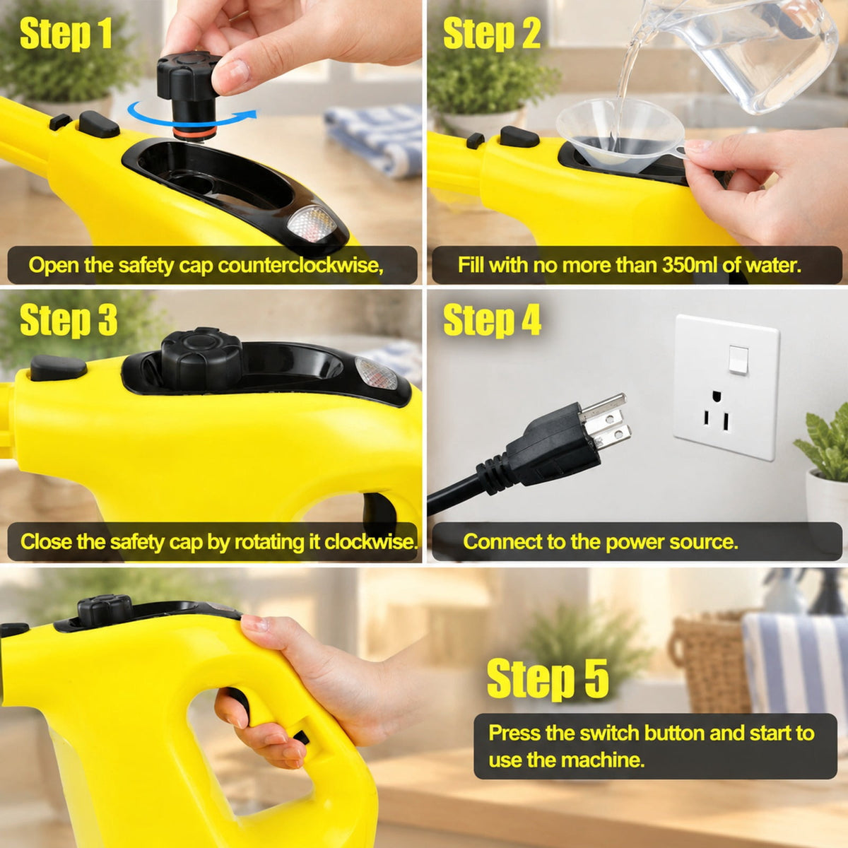 Airfind 1400W Handheld Steam Cleaner with 14-Piece Accessory Kit and Child Lock, PP Frame, 13 x 5 x 9.5 Footprint, Yellow