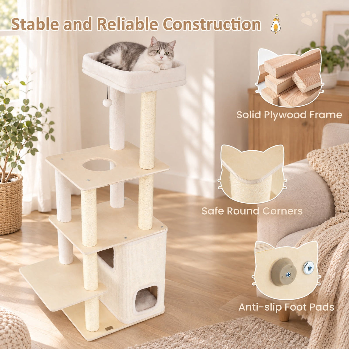 Airfind 63 Inch Tall Wooden Cat Tree with 2-Story Condo and Plush Padded Top Perch, 44 lbs Capacity, 23in x 19in x 63in Condo Footprint, Natural