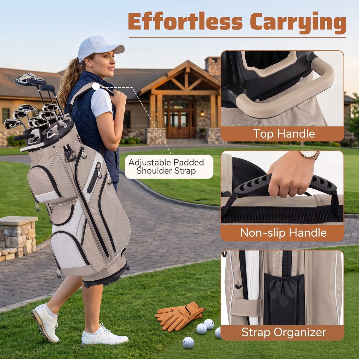 Airfind 14-Way Golf Cart Bag with Molded Lock Top Full-Length Dividers, 11 Pockets, Rain Hood and Umbrella Holder for Men and Women, Khaki