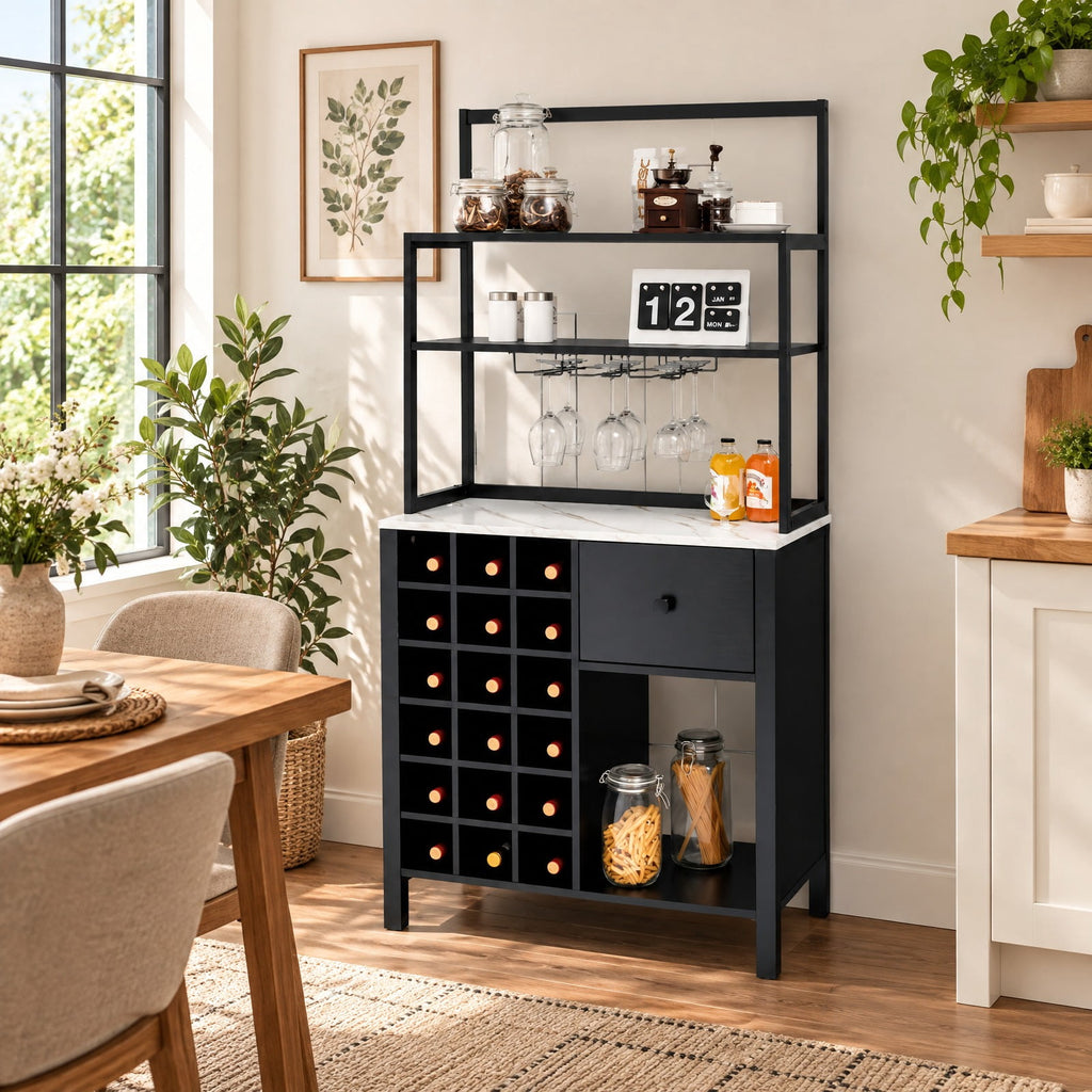 Airfind Kitchen Bakers Rack Freestanding Wine Rack Table with Glass Holder and Drawer, Engineered wood steel Frame, 31 x 16 x 64 Footprint, Black