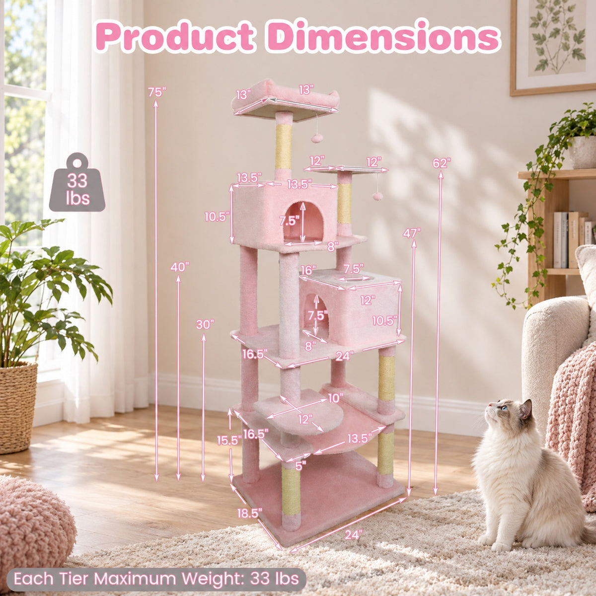 Airfind Multi-level Cat Tree Modern Cat Tower with Upholstered Perch and 2 Cat Condo, 24 x 18.5 Footprint, Pink