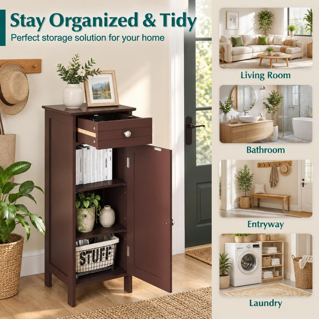 Airfind Wooden Storage Free-Standing Floor Cabinet with Drawer and Shelf, 132 lbs Capacity, MDF Frame, 14in x 12in x 34.5in Footprint, Brown