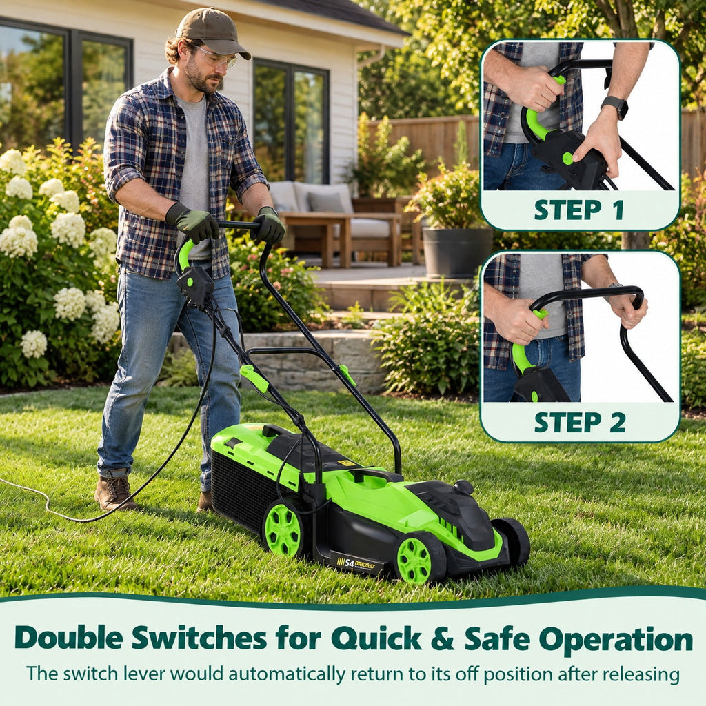 Airfind 14-Inch 12-Amp Corded Electric Lawn Mower w/ 5-Position Height Adjustment, Metal Frame, 44-45.5 x 14 x 38.5-39.5 Footprint, Green