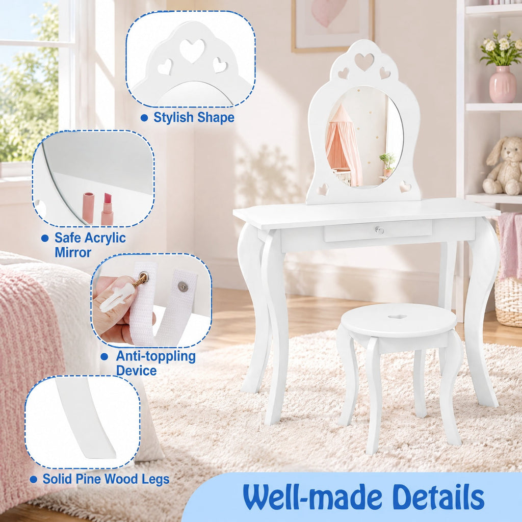 Airfind Kids Princess Makeup Dressing Play Table Set with Mirror, 33 lbs Capacity, MDF pine Frame, 27.5 Inch x 13.5 Inch x 41.5 Inch Footprint, White