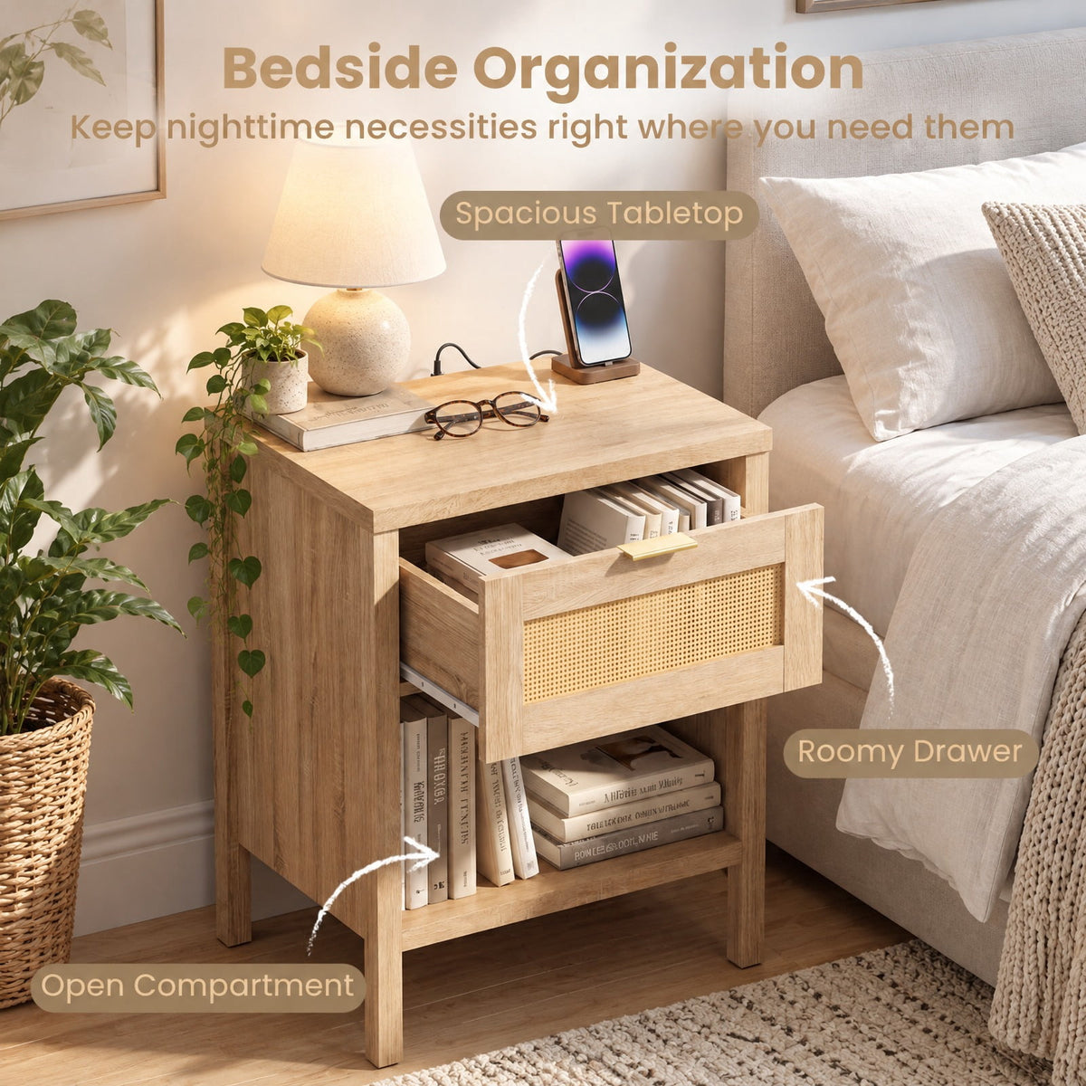 Airfind Rattan Nightstand with Charging Station and Storage Shelf for Bedroom, 88 lbs Capacity, Engineered Wood PVC Rattan Metal Frame, Oak