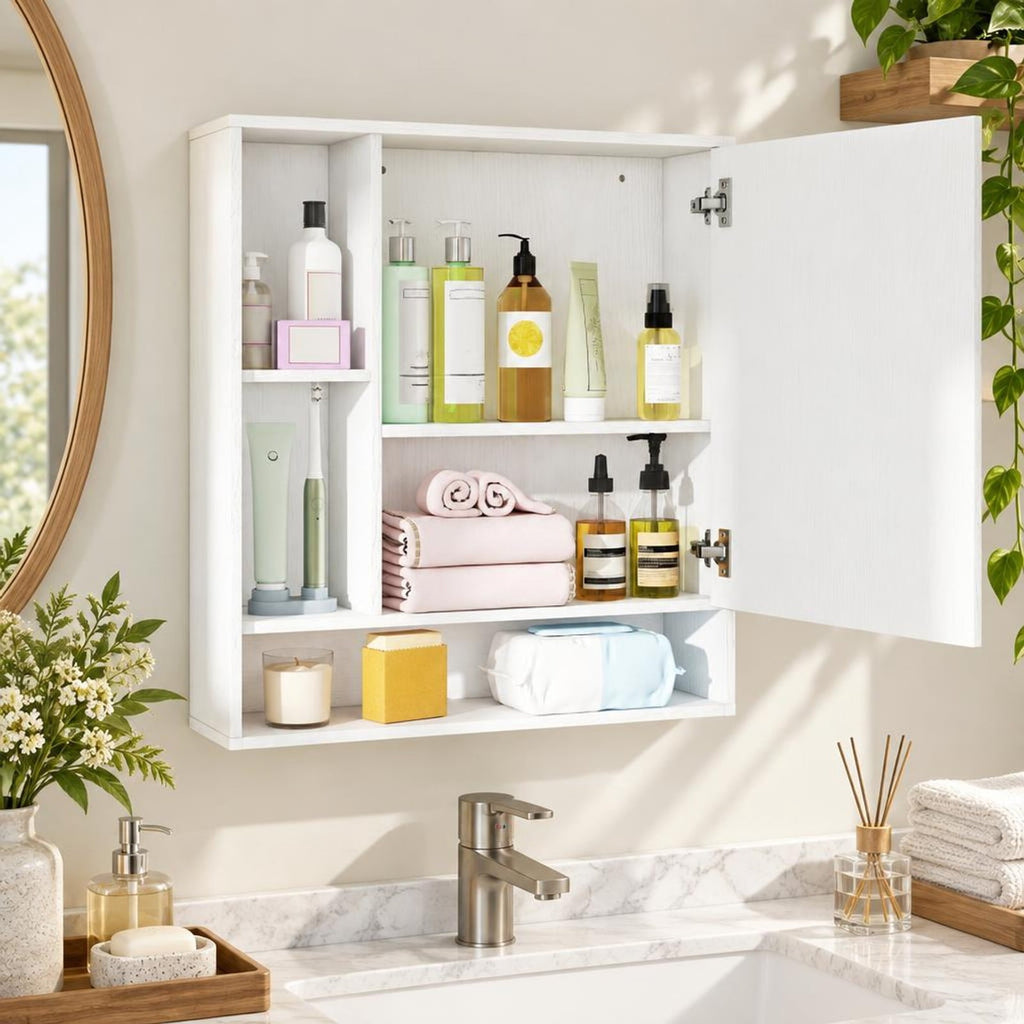 Airfind Wall Mounted Bathroom Cabinet with Mirror Single Door, 176 lbs Capacity, Glass MDF Engineered Wood Frame, 21.5 Inch x 6.5 Inch x 24 Inch Footprint