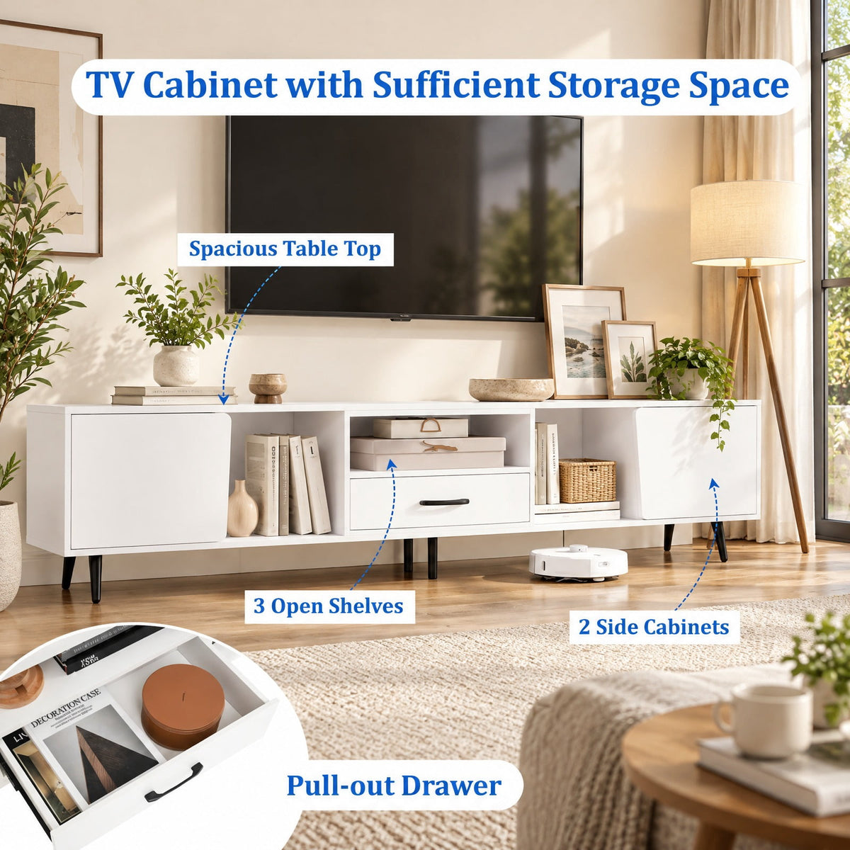 Airfind 79 Inch TV Stand for TVs up to 90 Inches Entertainment Center Wood Media Console Table Modern Mid Century TV Cabinet, 200 lbs Capacity, White