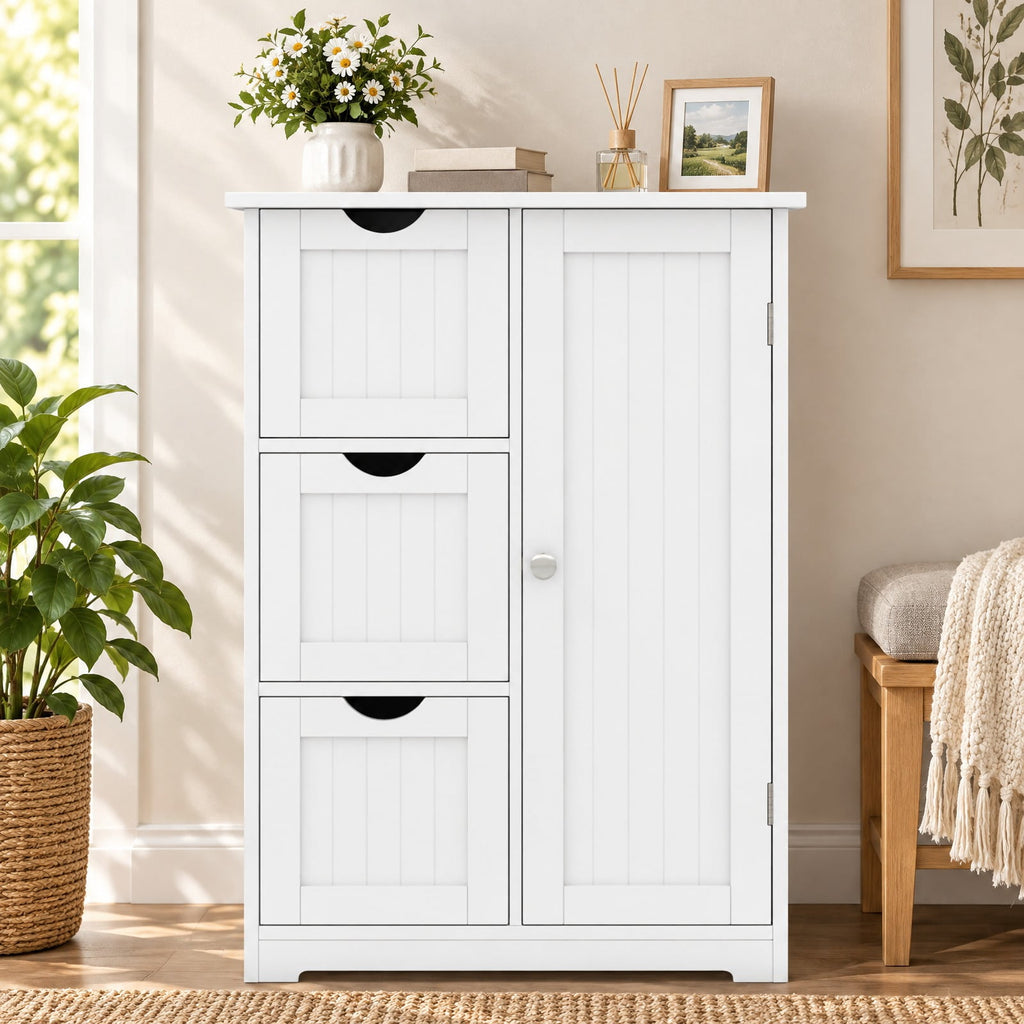 Airfind Bathroom Floor Cabinet Side Storage Cabinet with 3 Drawers and 1 Cupboard, MDF Frame, 24 x 12 x 32 Footprint, White