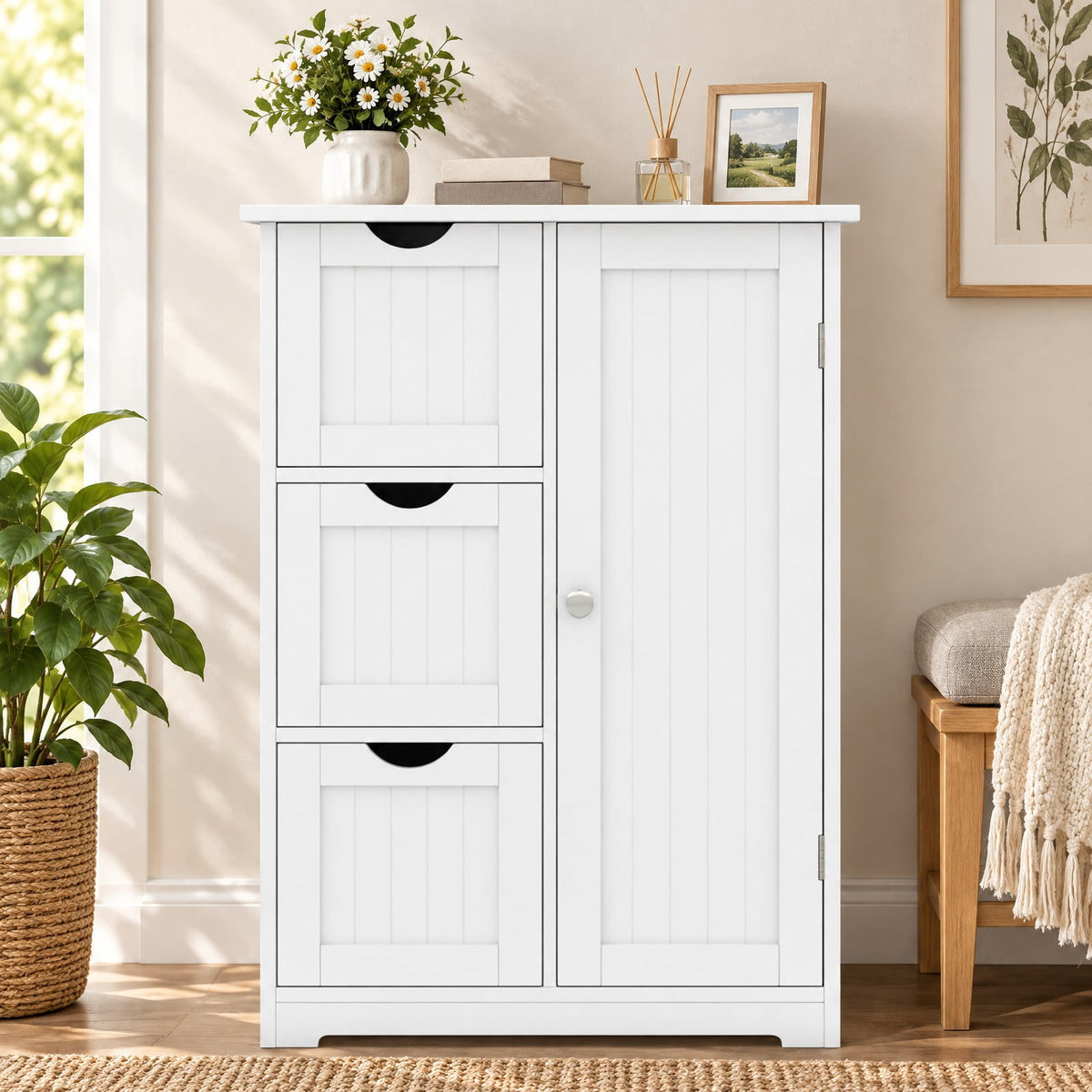 Airfind Bathroom Floor Cabinet Side Storage Cabinet with 3 Drawers and 1 Cupboard, MDF Frame, 24 x 12 x 32 Footprint, White