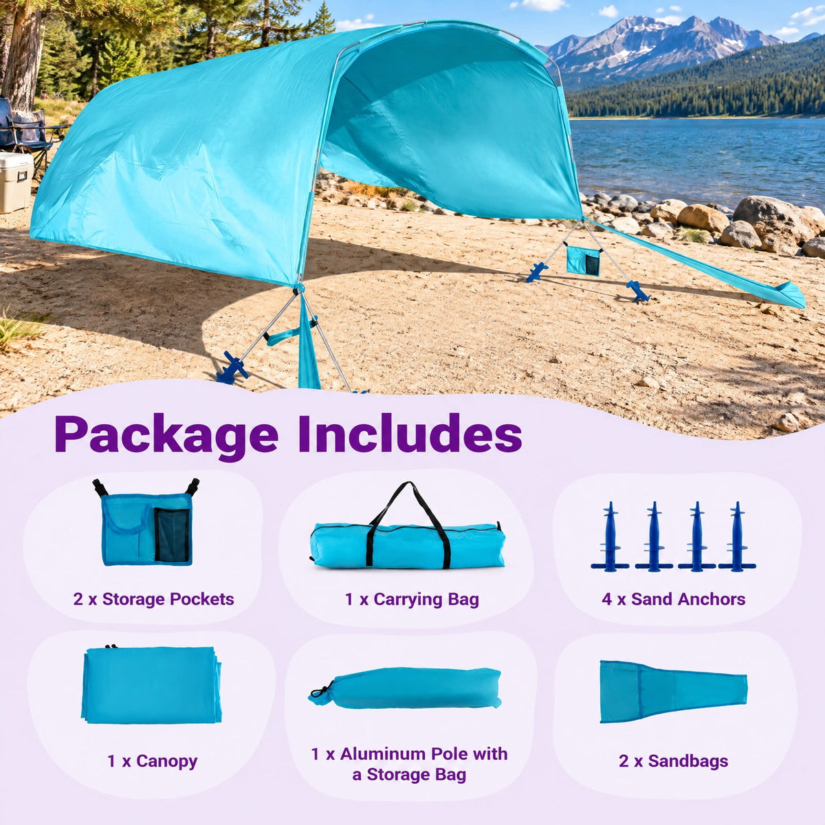 Airfind Wind Powered Beach Tent Portable Sun Shelter Canopy for Picnic, 70D Nylon Fabric Aluminum Frame, 10ft x 6.5ft x 6.5ft Carrying Bag Footprint