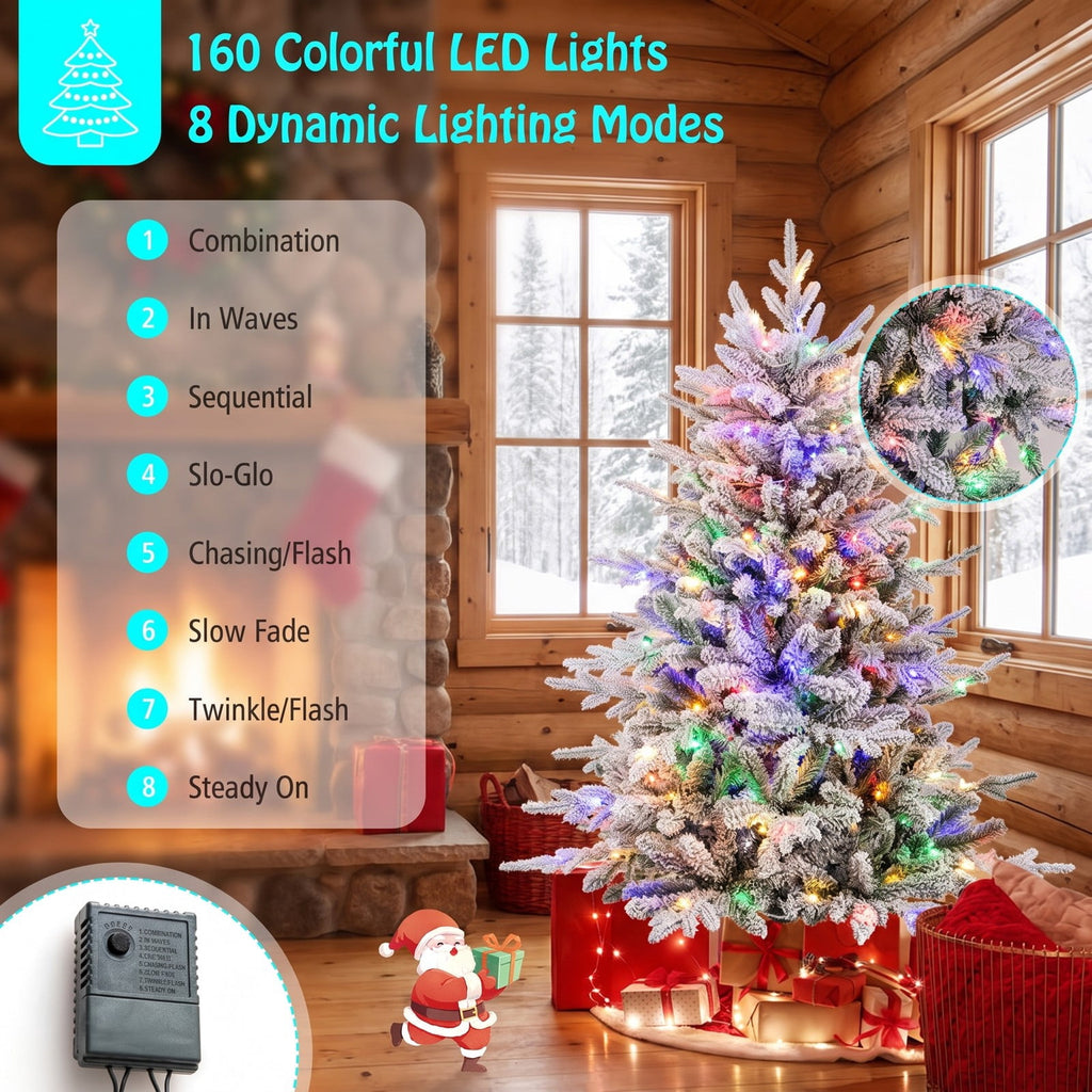 Airfind 4.5 Feet Flocked Christmas Tree with 8 Lighting Modes and Multi-Color LED Lights-4.5 ft, Green and White