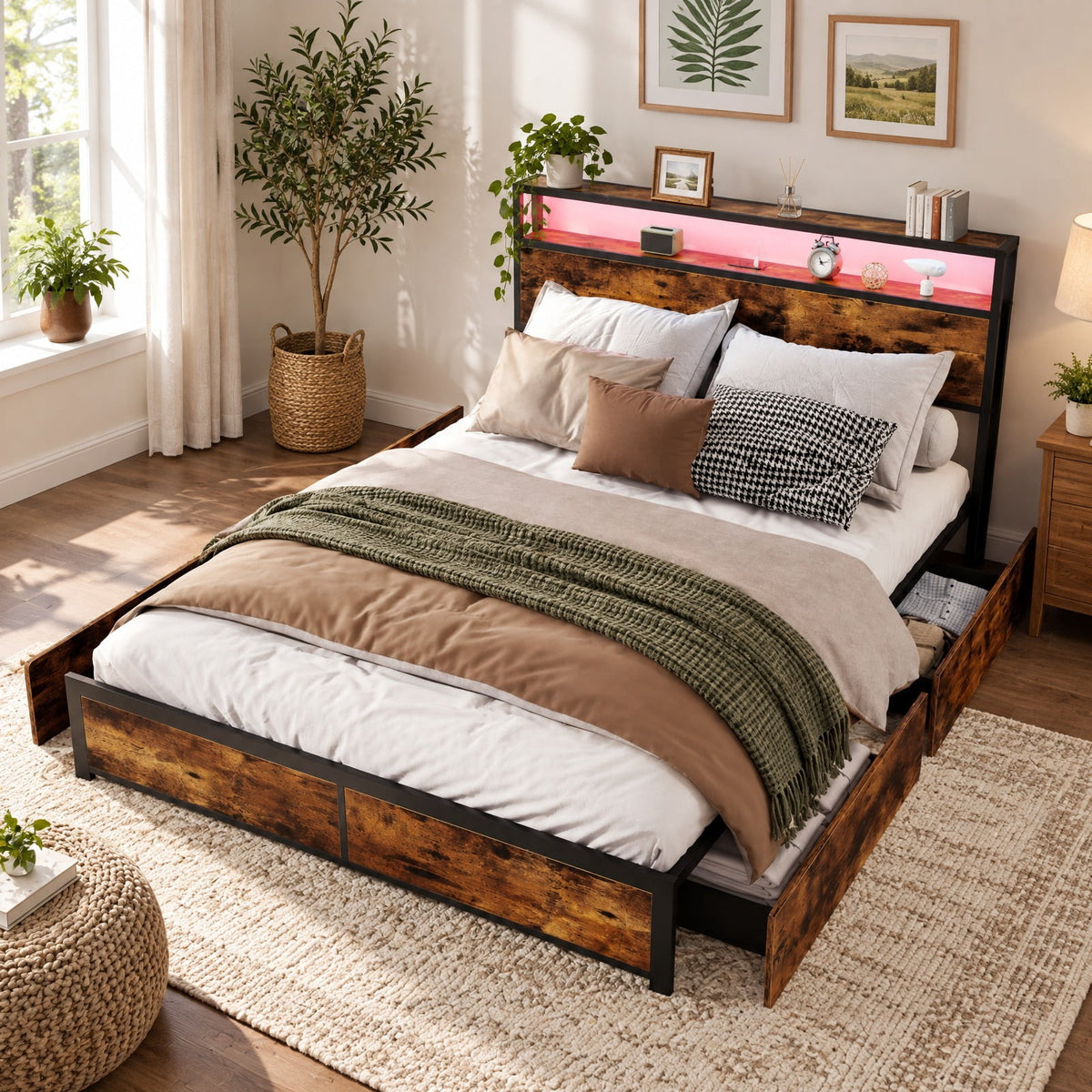 Airfind Full/Queen Size LED Bed Frame with Charging Station and 4 Storage Drawers, 81 Inch x 56 Inch x 40 Inch Inner Footprint