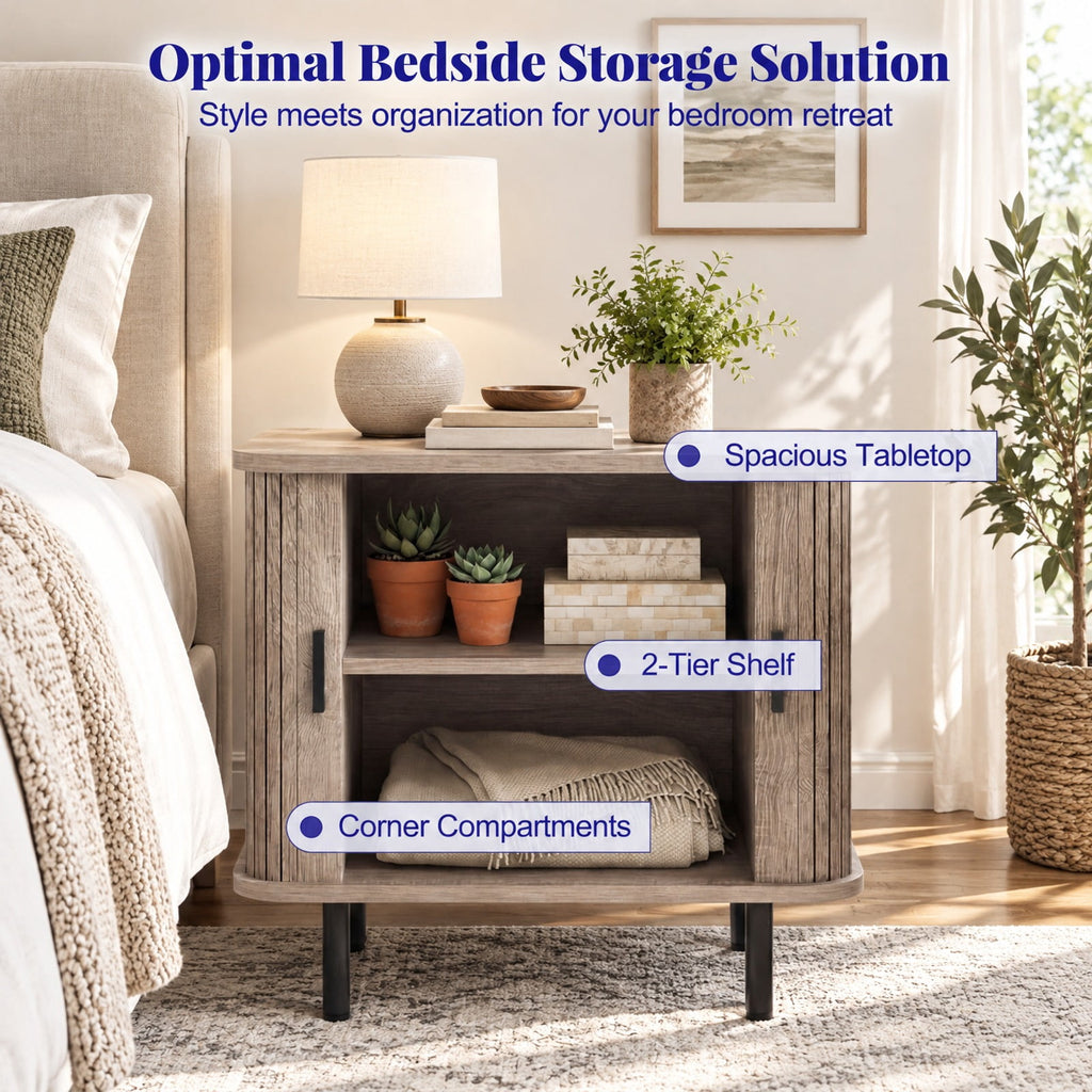 Airfind End Table Modern Mid Century Nightstand with Sliding Tambour Doors and Storage Shelf, 88 lbs Capacity, Engineered Wood MDF Metal Frame