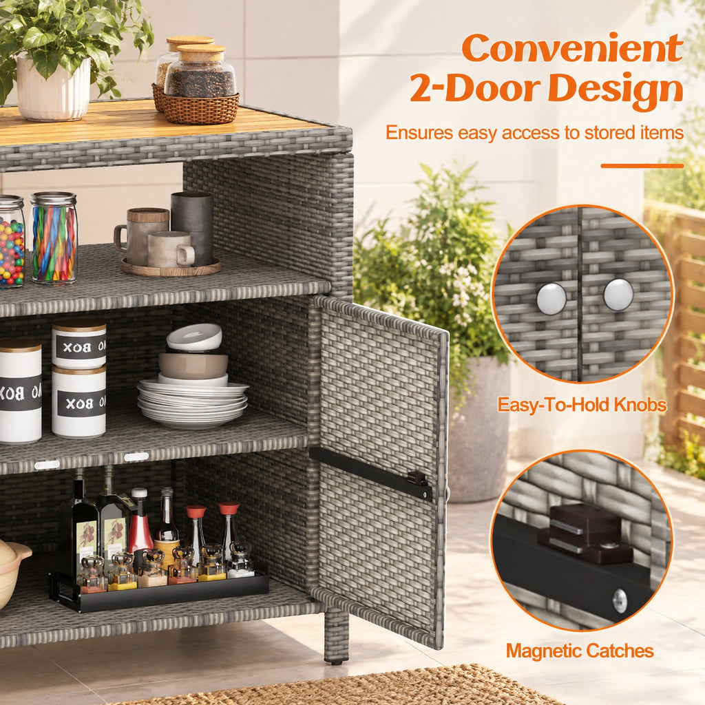 Airfind Rattan Storage Cabinet with Acacia Wood Countertop for Poolside Deck and Patio, 100 lbs Capacity, PE Rattan Acacia Wood Metal Frame, Gray