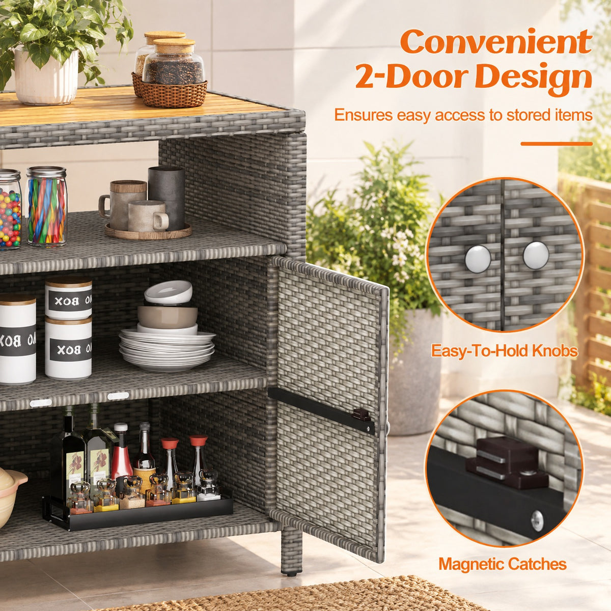 Airfind Rattan Storage Cabinet with Acacia Wood Countertop for Poolside Deck and Patio, 100 lbs Capacity, PE Rattan Acacia Wood Metal Frame, Gray