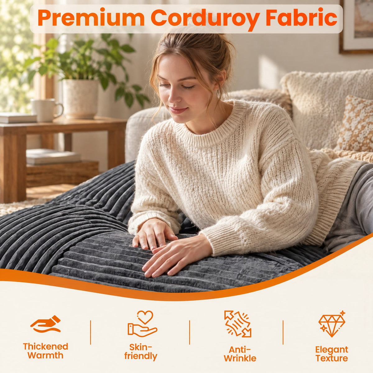 Airfind Convertible Bean Bag Floor Sofa with Machine-washable Corduroy Cover, Corduroy Fabric Sponge Frame, 76.5 x 55 x 7.5 Footprint, Dark Gray