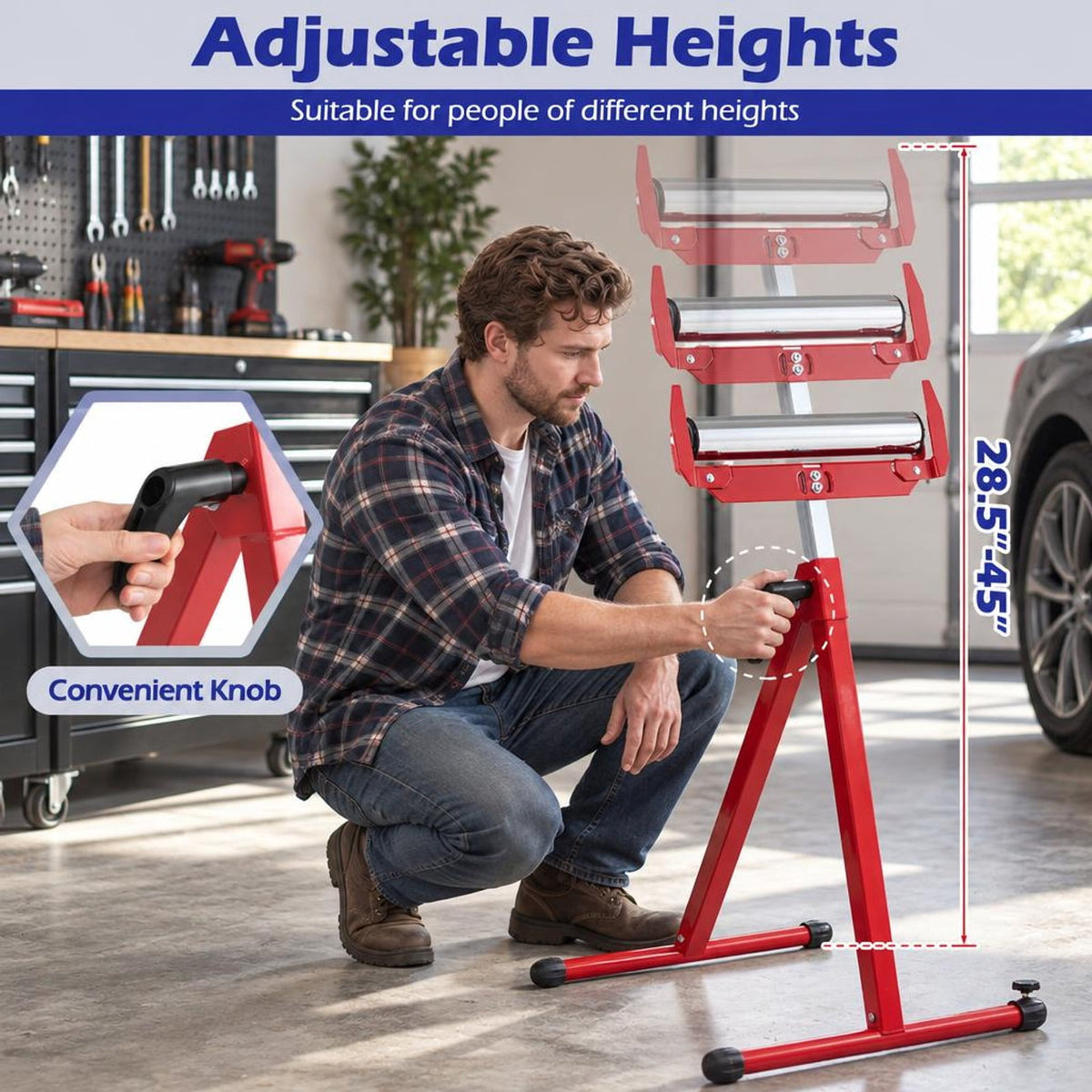 Airfind 2-Pack Folding Roller Stands Portable Outfeed Supports with Adjustable Height, 250 lbs Capacity, Metal ABS PE PP Frame, Red