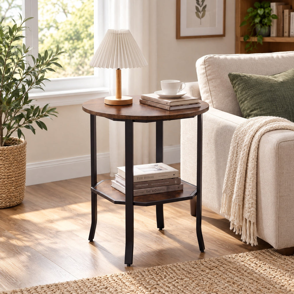 Airfind Round Side Table Small End Table with Storage Shelf 2-Tier Nightstand for Small Space, 90 lbs Capacity, Engineered Wood Carbon Steel Frame