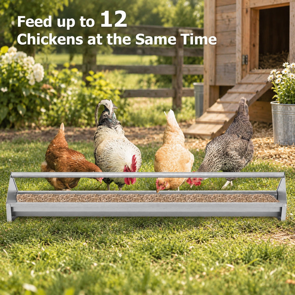 Airfind Metal Chicken Feeder Chicken Feeding Trough with Drainage Holes, Galvanized Steel Frame, 45 x 8 x 8 Footprint, Silver