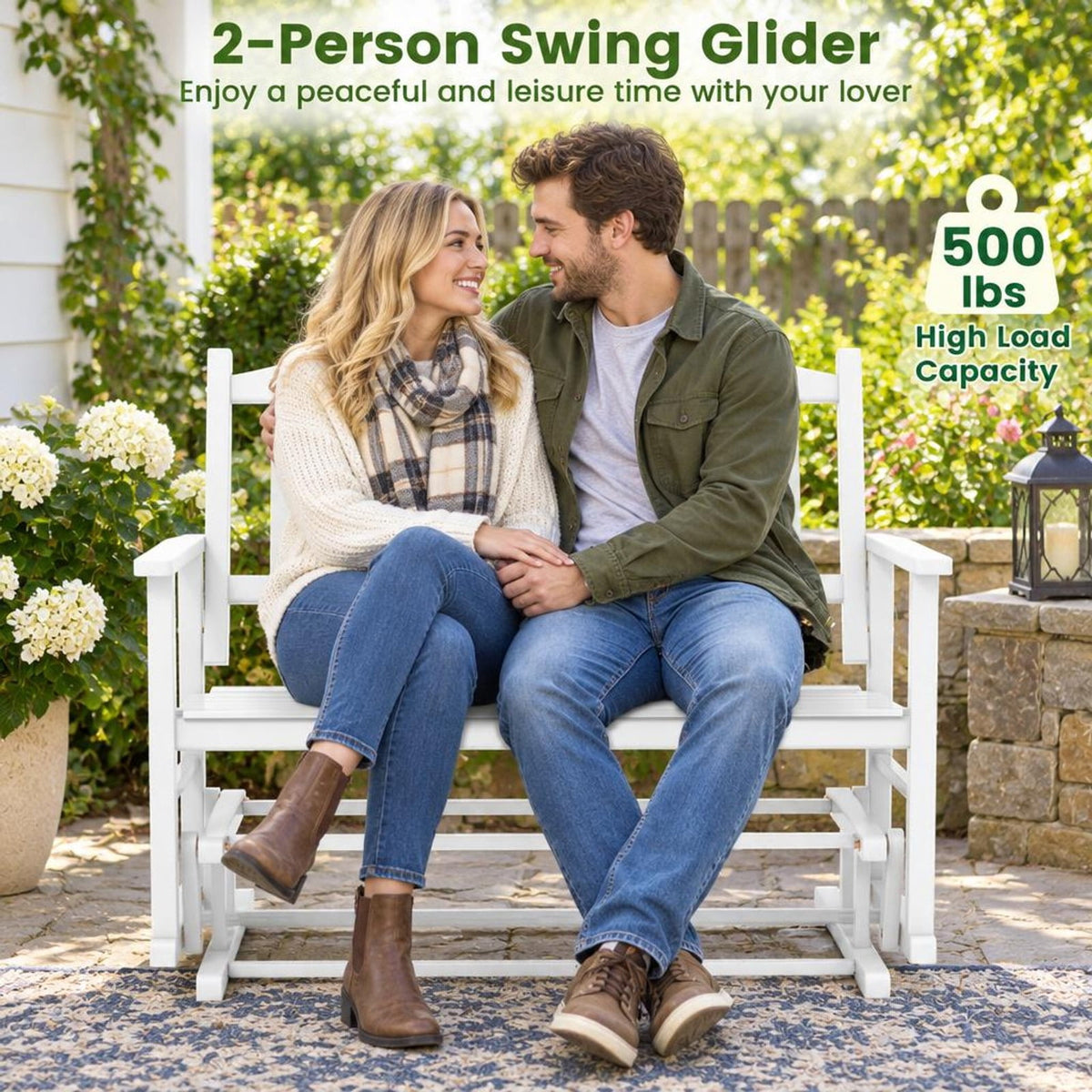 Airfind 2 Seats Outdoor Glider Bench with Armrests and Slatted Seat, 500 lbs Capacity, Poplar Wood Frame, 50 x 27 x 39 Footprint, White