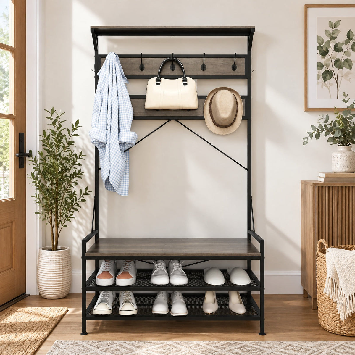 Airfind Coat Rack 4-In-1 Hall Tree with 11 Hanging Hooks Shoe Bench, 341 lbs Capacity, Engineered Wood Metal Frame, 40 x 16 x 72.5 Footprint