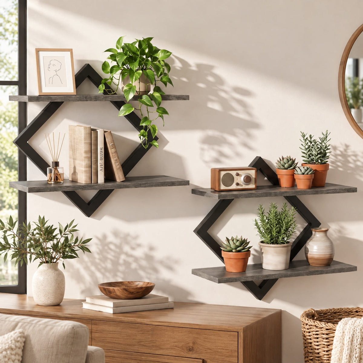 Airfind Set of 2 Metal Floating Shelves for Wall featuring Geometric Frame, Engineered Wood Metal Frame, 15 Inch x 6.5 Inch x 14 Inch Footprint, Gray