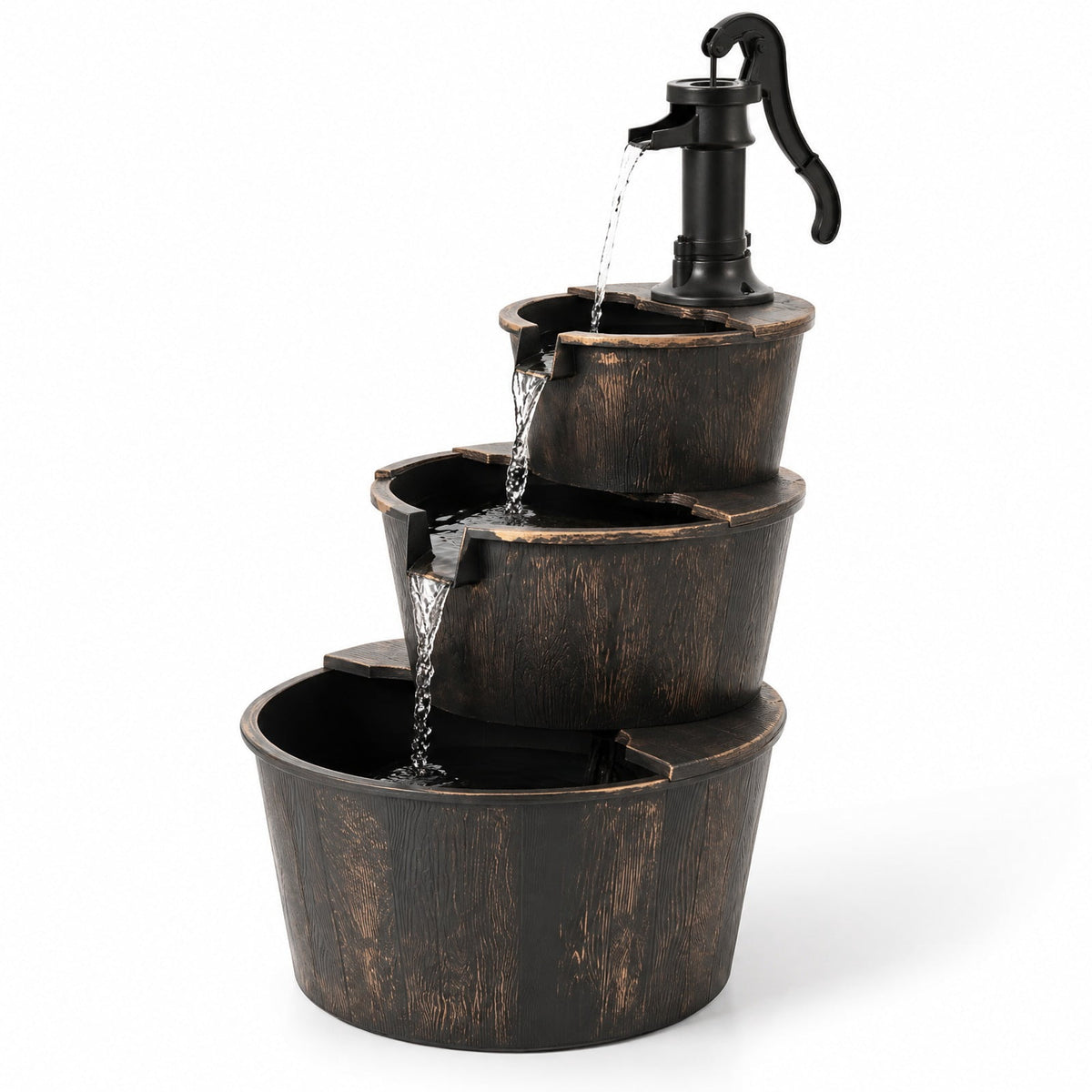 Airfind 3-Tier Outdoor Barrel Waterfall Fountain with Electric Pump, PP Metal Frame, 24 x 21 x 37 Footprint, Bronze Black