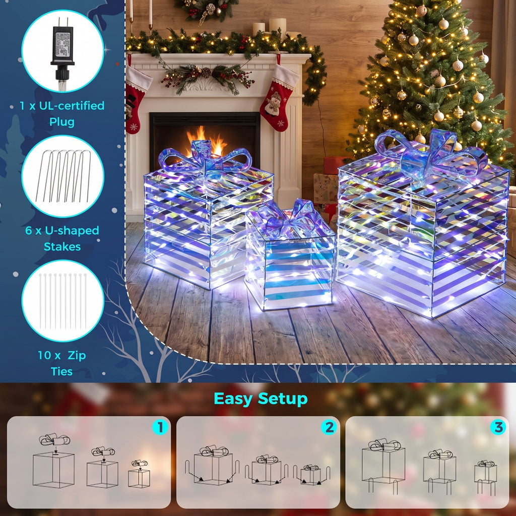 Airfind Set of 3 Christmas Lighted Gift Boxes with Bows and Plug, PVC Metal Frame, 10 Inch x 10 Inch x 10 Inch Footprint, of Light White