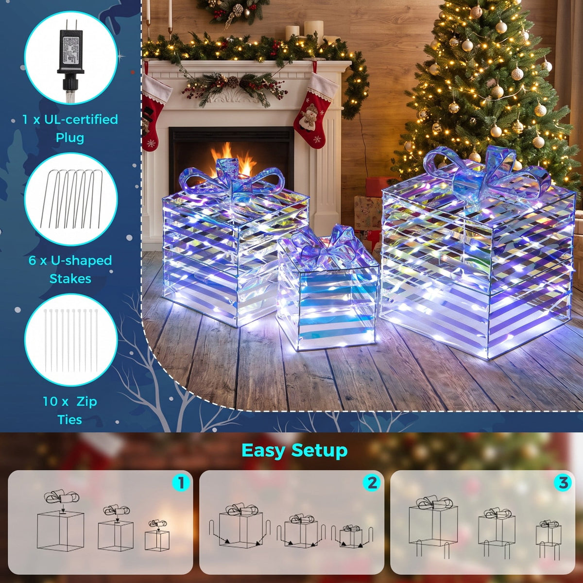 Airfind Set of 3 Christmas Lighted Gift Boxes with Bows and Plug, PVC Metal Frame, 10 Inch x 10 Inch x 10 Inch Footprint, of Light White