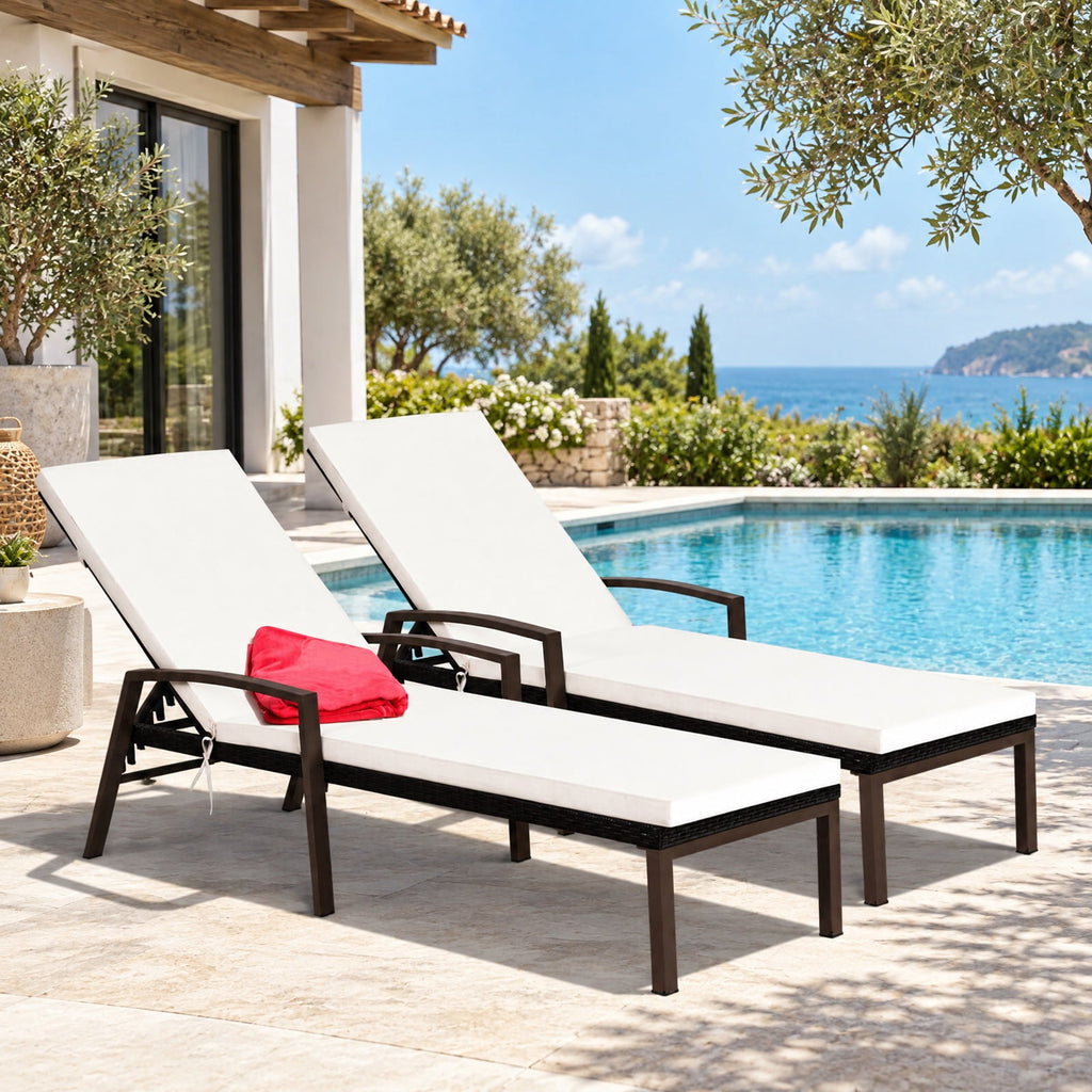 Airfind 2 Pieces Patio Rattan Adjustable Back Lounge Chair with Armrest and Removable Cushions, 400 lbs Capacity, Steel Rattan Frame, White