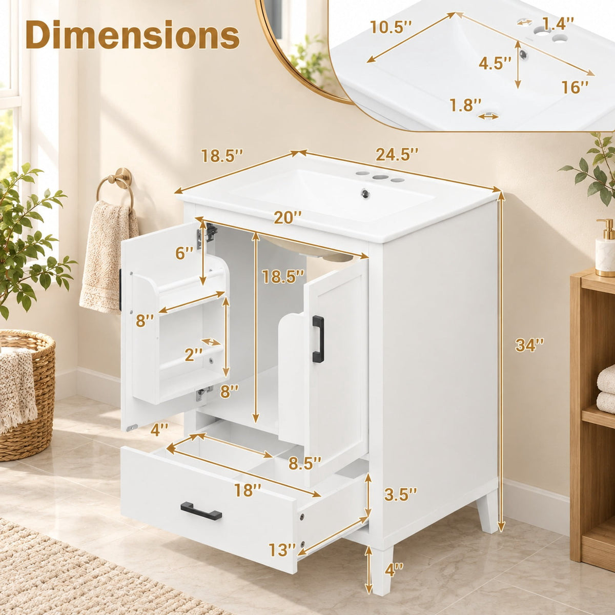 Airfind 24.5 Modern Bathroom Vanity with Sink 2 Doors and Drawer, 24.5 x 18.5 x 34Sink Footprint, White