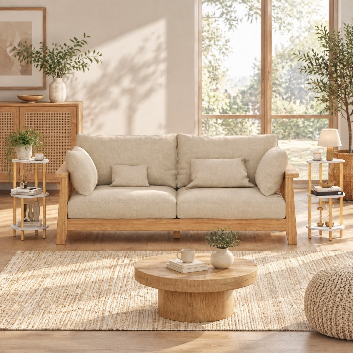 Airfind Set of 2 Round Side Table Compact with 3-Tier Shelves and Bamboo Construction, 11 lbs Capacity, Bamboo Frame, White