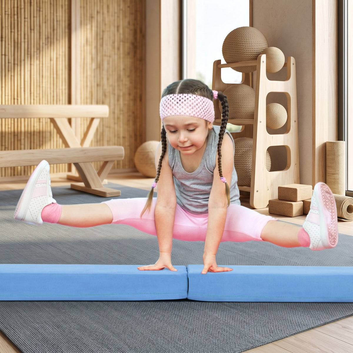 Airfind 7 FT Folding Balance Beam with Removable Suede Cover and Non-slip Bottom for Kids Home Gymnastics Practice, Blue