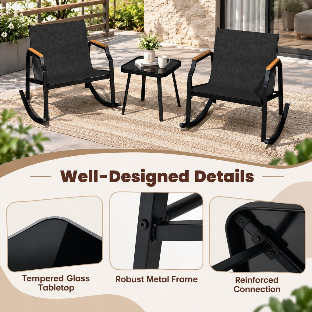 Airfind 3 Piece Patio Rocking Bistro Set with Tempered Glass Coffee Table and Armrests for Porch, Rocking Chair 330 lbs Capacity, Black