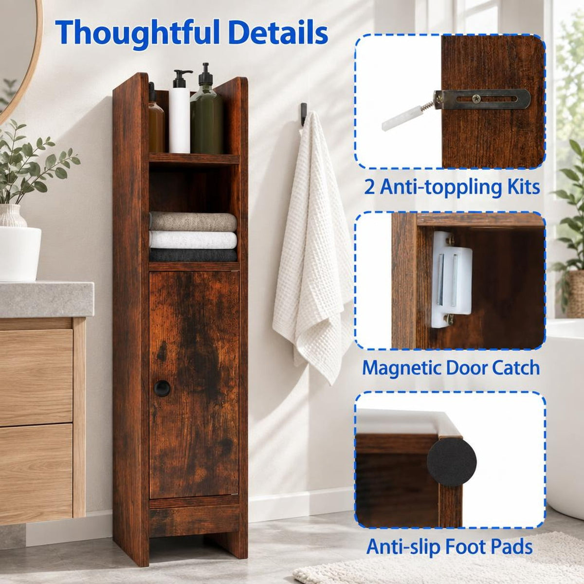 Airfind Bathroom Slim Cabinet Corner with Door and Adjustable Shelf, 44 lbs Capacity, Engineered Wood Frame, Brown