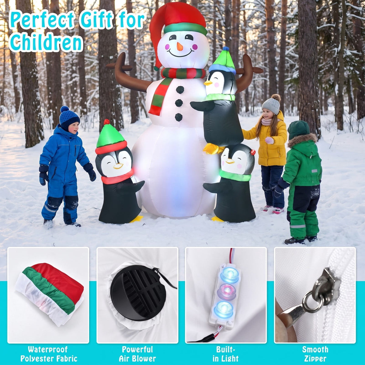 Airfind 6 Feet Christmas Quick Inflatable Snowman with Penguins, Polyester fabric Frame, 4 ft x 2.6 ft x 6 ft Footprint, Multicolor