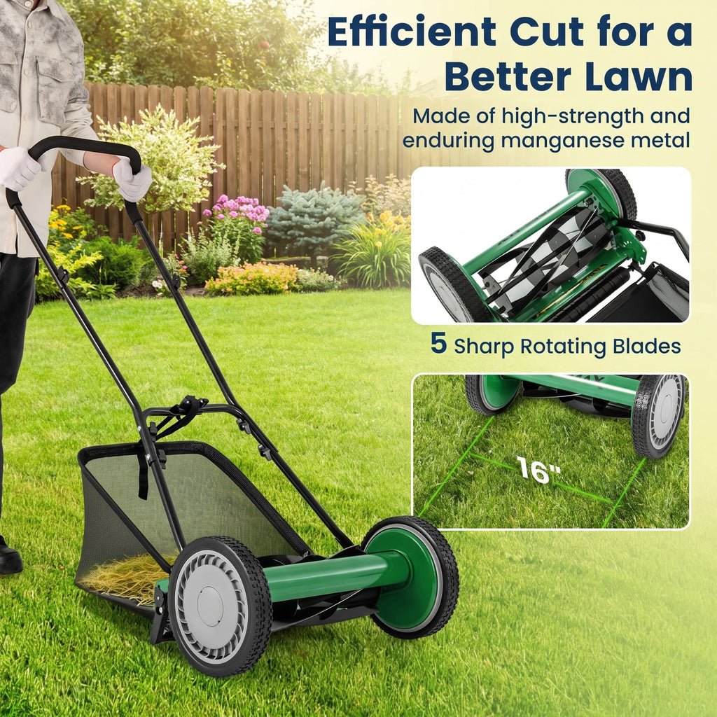 Airfind 16 Inch Push Lawn Mower with 5 Steel Blades and Grass Catcher Bag, Manganese Steel Metal PVC PP Frame, Green