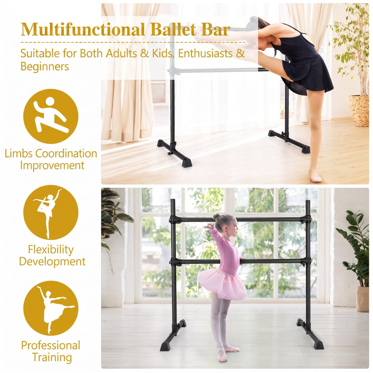 Airfind 4 Feet Double Ballet Barre with Adjustable Height and Anti Skid Pads for Home Dance Studio Stretching and Practice, Black