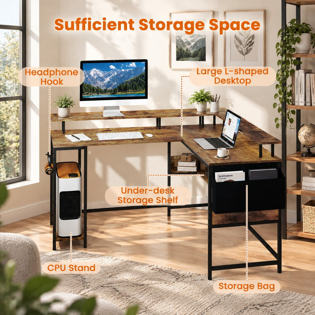 Airfind L-Shaped Gaming Desk with LED Lights and Power Outlets Home Office Computer Desk, 200 lbs Capacity, Engineered Wood Metal Frame, Brown