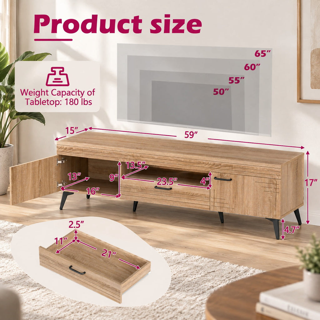 Airfind TV Stand with 2 Cabinets and Storage Drawer for 65 Inches TVs, 180 lbs Capacity, Metal Engineered Wood Frame, 59 x 15 x 17 Footprint, Oak