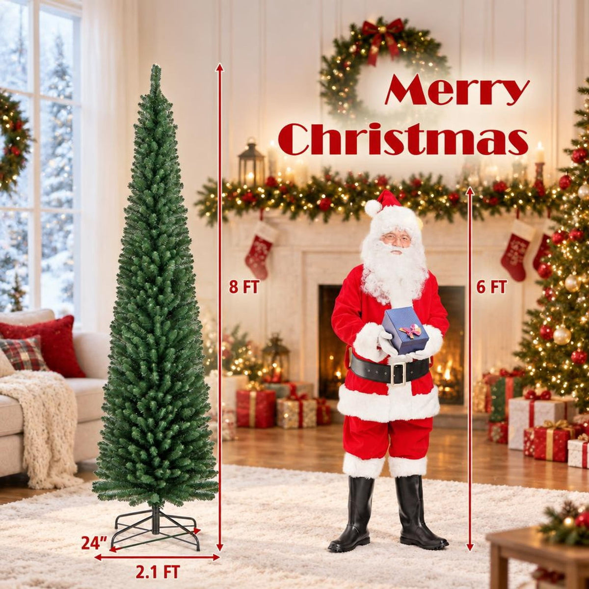 Airfind 8 Ft Prelit Pencil Christmas Tree featuring 250 Warm White LED Lights, Slim Artificial Xmas Tree with 671 Memory Wire Branch Tips, Green