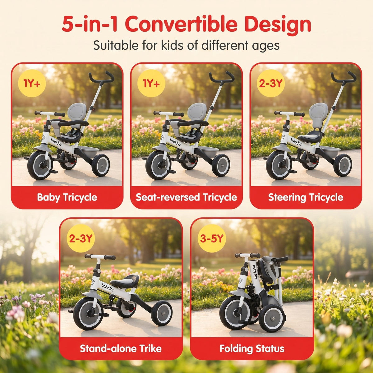 Airfind Folding Tricycle Baby Stroller with Reversible Seat and Adjustable Canopy, 55 lbs Capacity, Metal PP Linen Fabric Rubber Frame, Gray