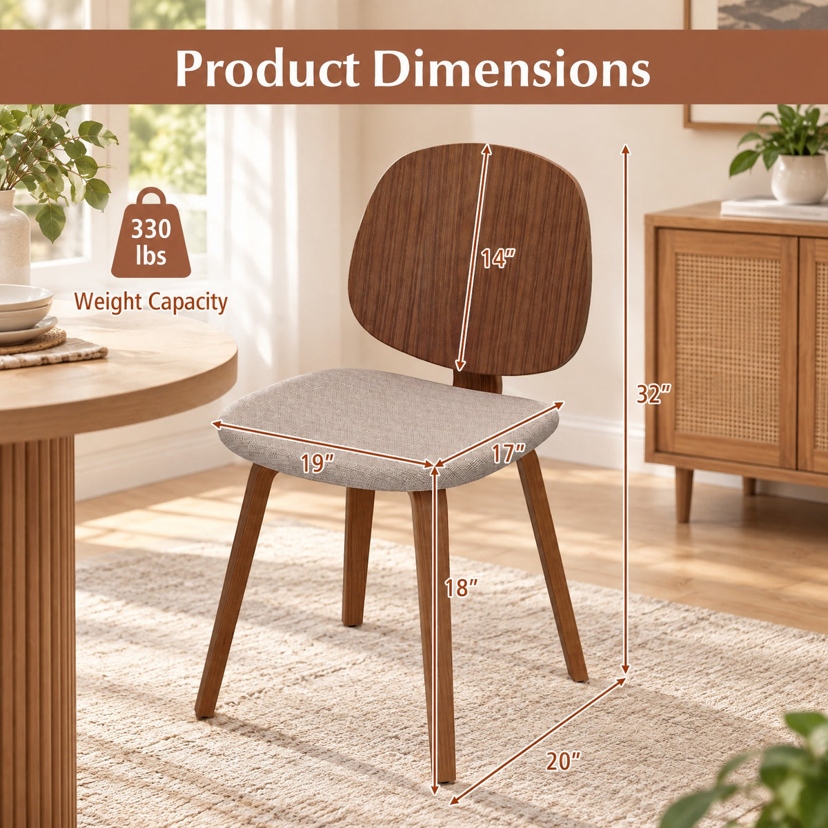Airfind Wooden Dining Chair Set of 2 with Bentwood Frame and Padded Seat, 330 lbs Capacity, Bentwood Frame, 19in x 20in x 32in Footprint, Walnut