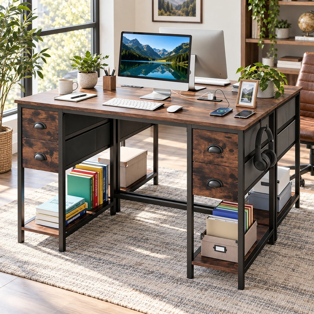 Airfind 48 Inches Computer Desk with Power Outlet Home Office Desk with 4 Fabric Drawers, 110 lbs Capacity, Engineered Wood Metal Fabric Frame
