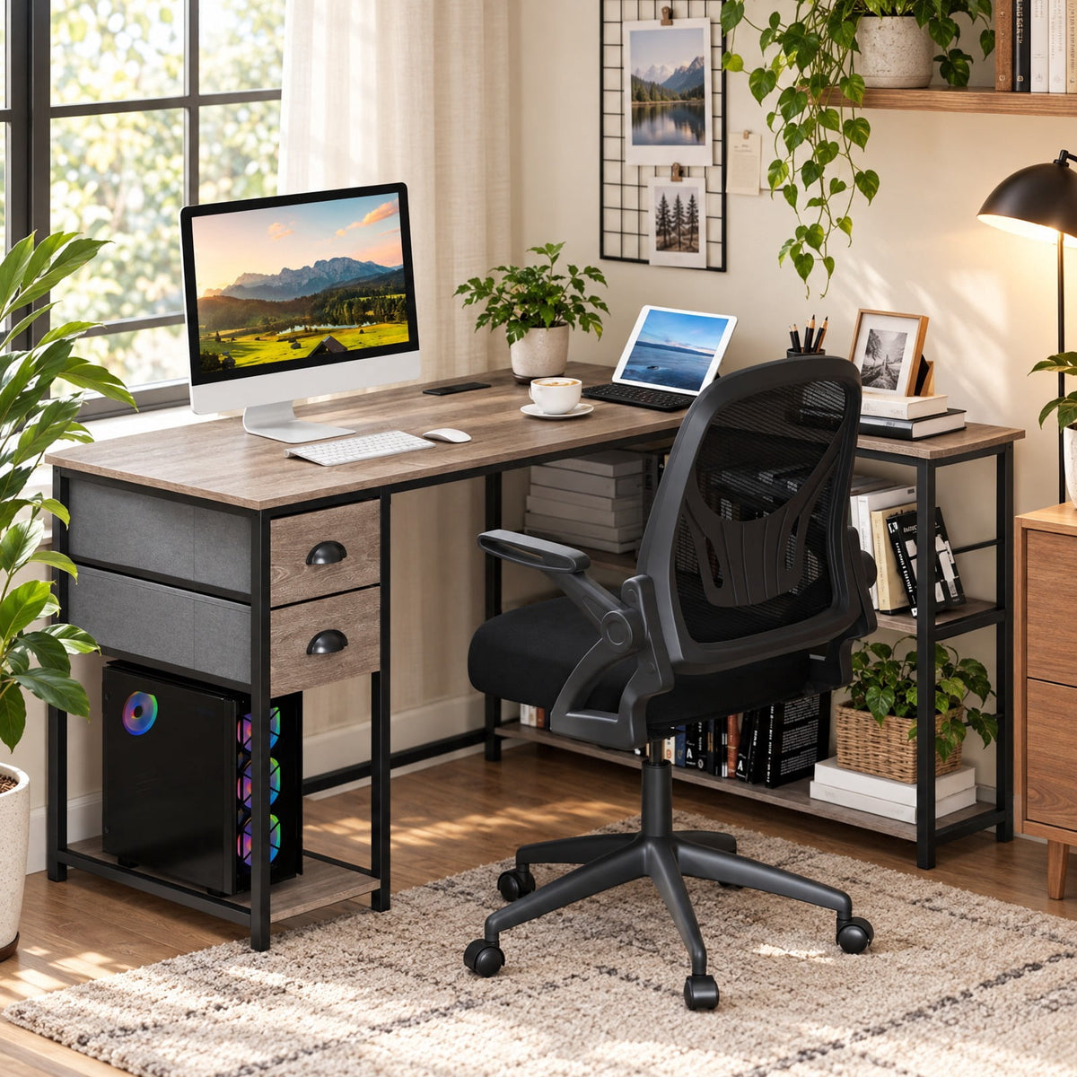 Airfind L Shaped Desk with Charging Station Corner Computer Desk with 2 Fabric Drawers, 110 lbs Capacity, Engineered Wood Metal Fabric Frame