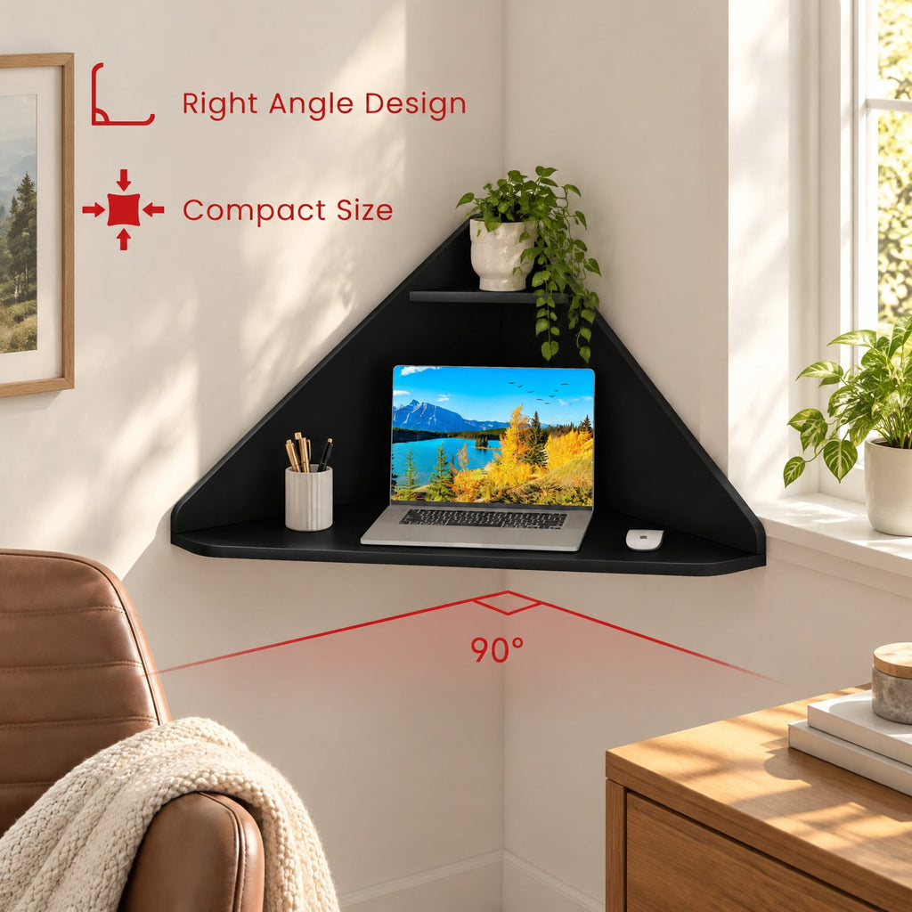 Airfind Floating Triangular Corner Computer Desk with Storage Shelf, Engineered Wood Frame, Black, Overall Dimensions 36.5 Inch x 31 Inch x 18 Inch Sid